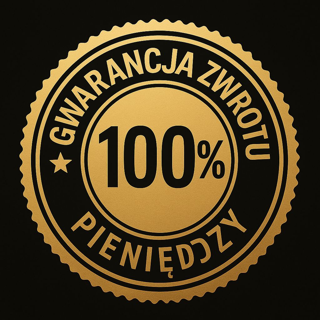 Grafika złotej i czarnej pieczęci z napisem Gwarancja 10x ROI